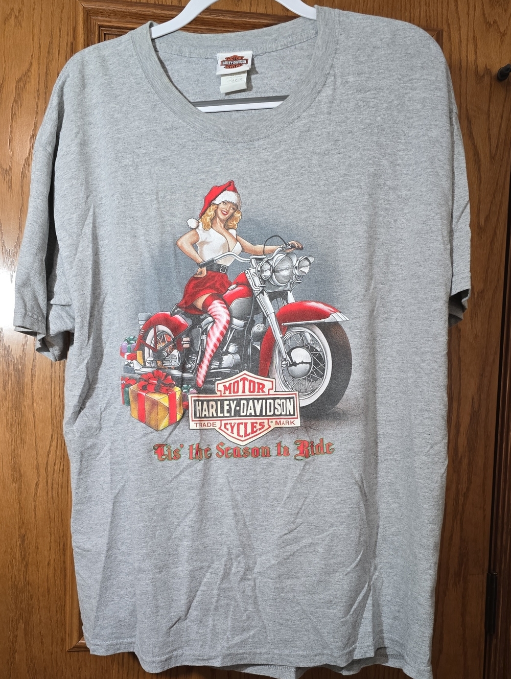 Harley-Davidson Gray Tee with Red Christmas, Lady On Motorcycle Graphic